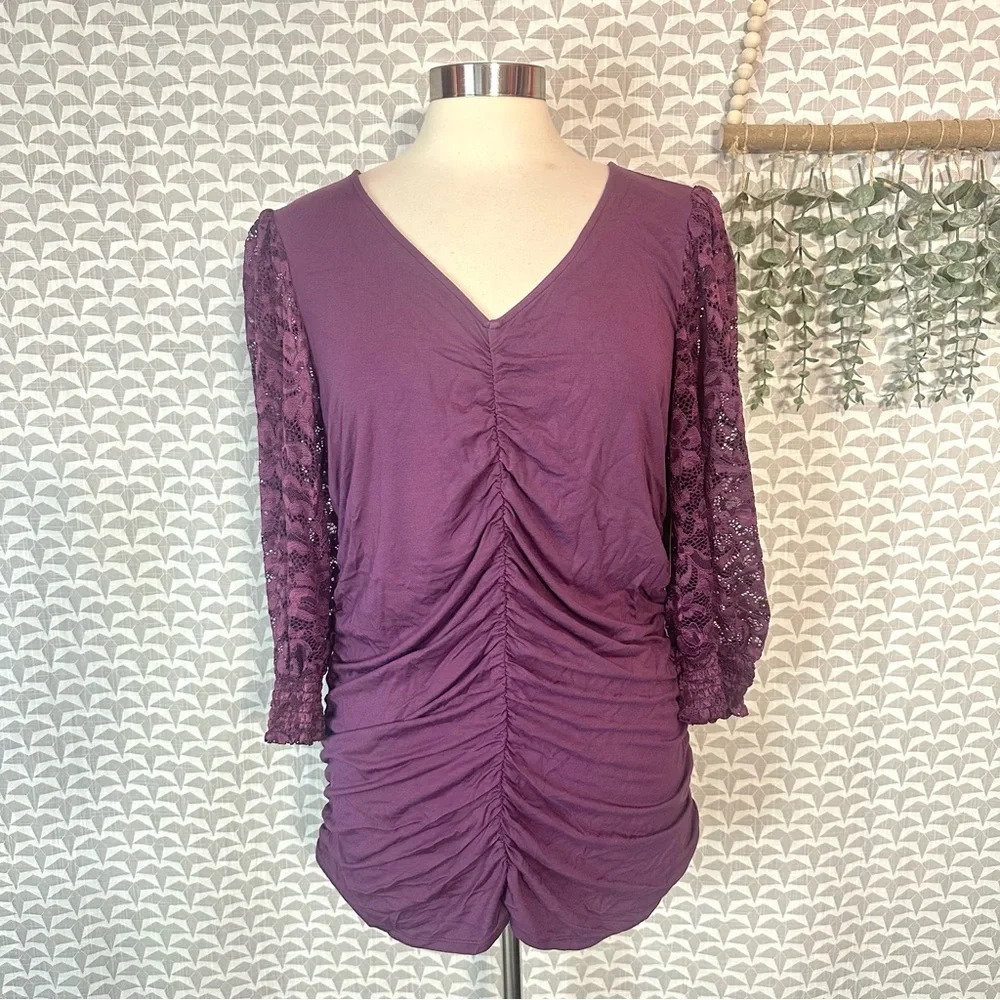 Torrid Lace Sleeve Tunic V-Neck Ruched Front Long Top Plus Size 1 1X 14 16 NWT - Picture 10 of 16